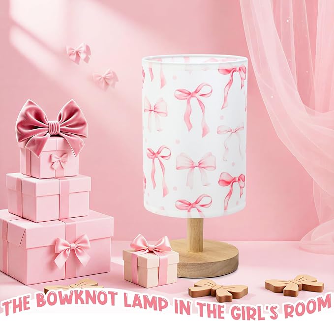 Bow Kids Table Lamp for Bedroom Kids Bedside Lamp with Linen Wooden Nightstand Cartoon Nursery Lampshade for Girls Room Pink Bow Decor - Image 7