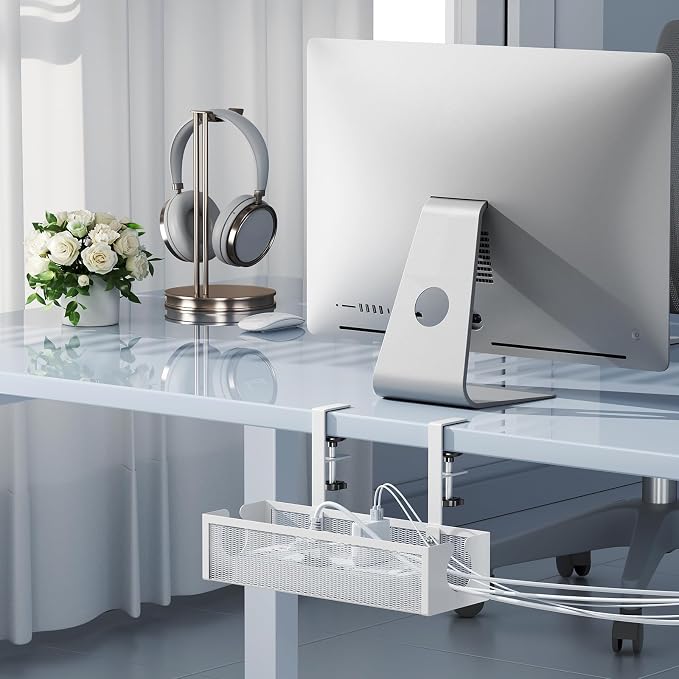YECAYE No-Drill Metal Under Desk Cable Management Tray, Power Strip & Cable Organizer for Home Office,Under Desk Storage,Organizer Tray,White - Image 4