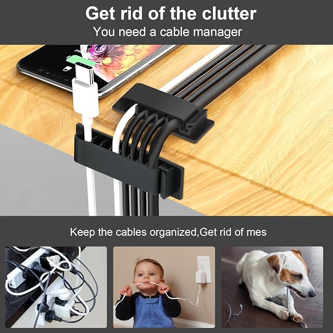 Cable Management Clips, 20Pcs Cord Organizers Wire Clips Cord Holder for TV PC Ethernet Cable Desk Home Office (Black) - Image 3