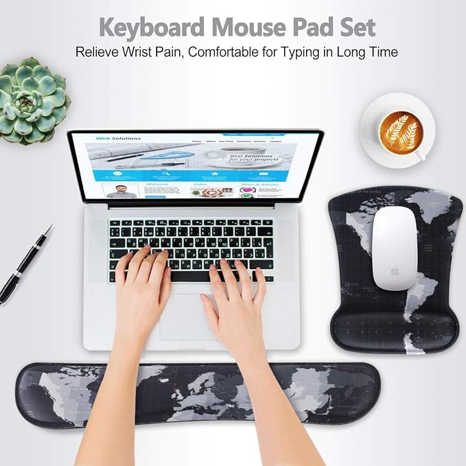 ToLuLu Keyboard Wrist Rest Pad Ergonomic Mouse Pad Set, Mouse Pad for Computer Laptop, Non Slip Mousepad Keyboard Wrist Support with Raised Memory Foam for Easy Typing Pain Relief, Cool World Map - Image 2