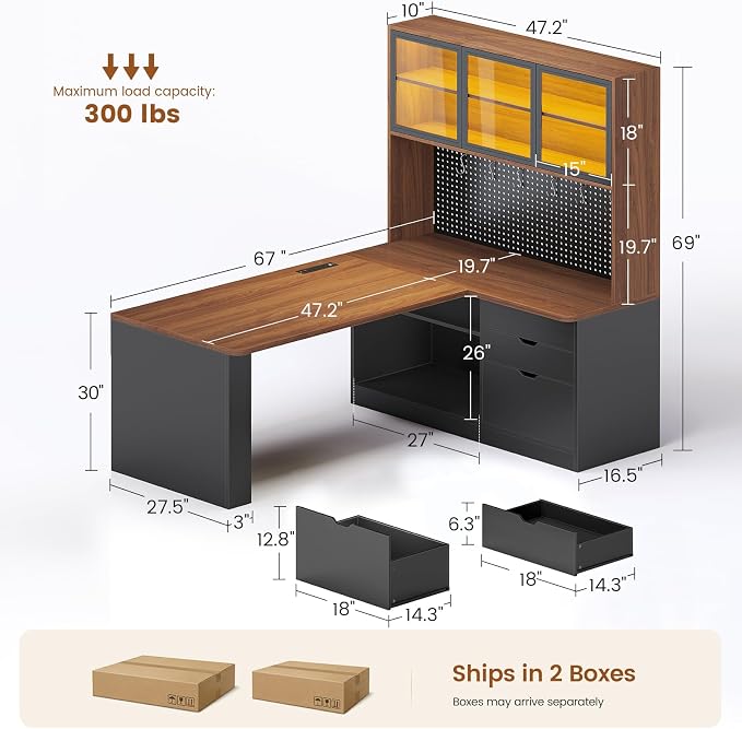 SEDETA L Shaped Computer Office Desk with 3 Wood Drawer and Large Bookshelf | L Shaped Corner Gaming Desk with LED Light, Display Cabinet and Pegboard, 27.5" W Large Desktop Table, Brown - Image 8