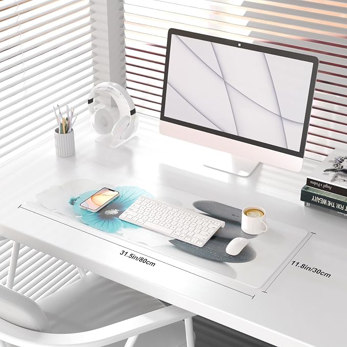 QiyI PU Leather Large Mouse Pad, Office Decor, 31.5" x 11.8", Blue Hibiscus | Desk Décor Accessories, Extended Size, Waterproof & Easy to Clean, Smooth Surface, Non Slip Desk Organization, Floral Pebble - Image 2