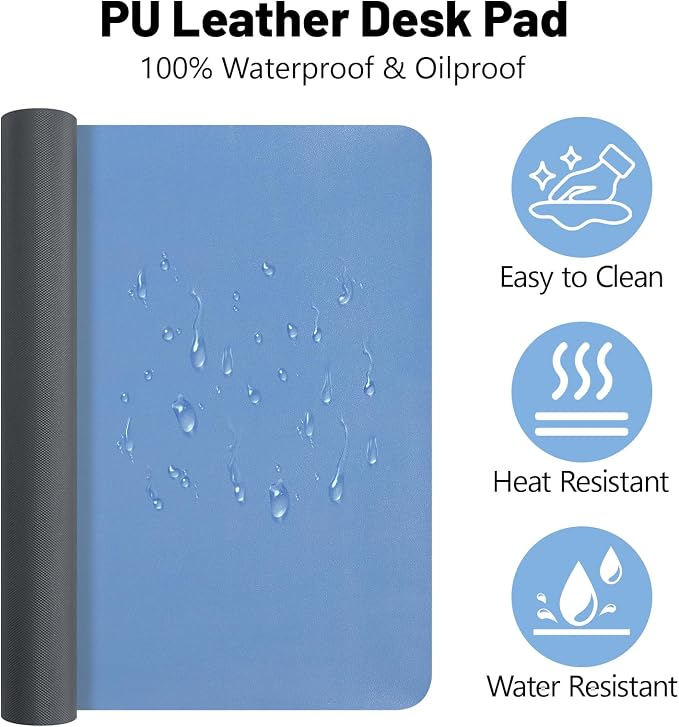 Leather Desk Pad Mat, Blue Desk Mat, 23.6" x 13.7" | Non-slip and Waterproof Computer Mat, Desk Protector for Office/Home, Desk Accessories - Image 2