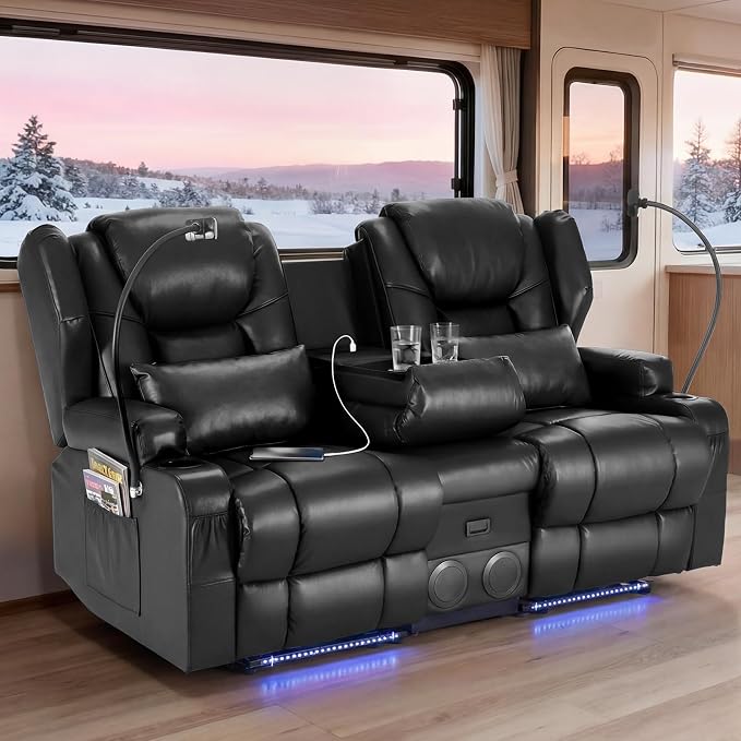 Redlife Power Loveseat Recliner Sofa with Console, Blue LED Lights - Image 2