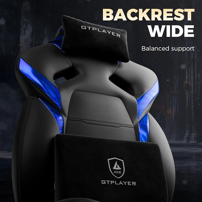 GTPLAYER Big and Tall Gaming Chair for Adults, Ergonomic Office Chair with Footrest, Heavy Duty 350 lbs Capacity, High Back, Premium Leather & Iridescent Trim, ACE-Armor, Black & Blue - Image 8
