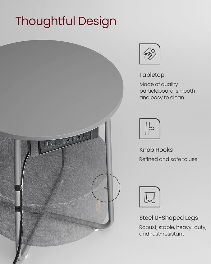 VASAGLE Side Table with Charging Station,Fabric Basket, Round End Table - Image 6