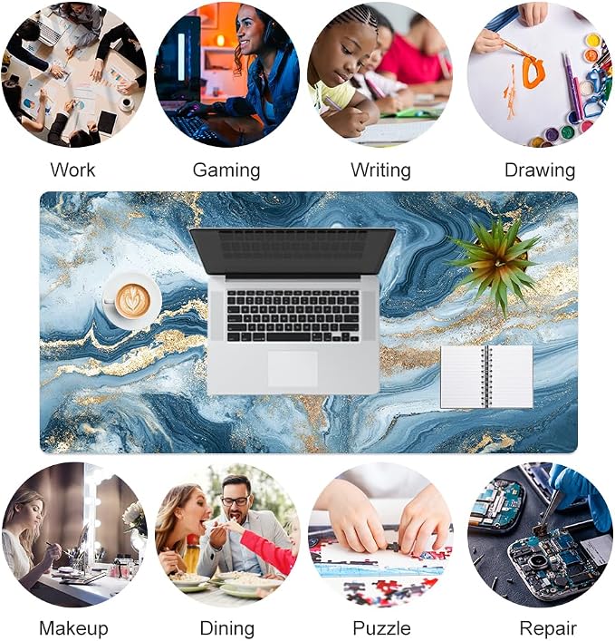 QiyI PU Leather Large Mouse Pad, 31.5" x 15.7", Blue White Marble | Desk Décor Accessories, Extended Size, Waterproof & Easy to Clean, Smooth Surface, Non Slip Desk Organization - Image 7