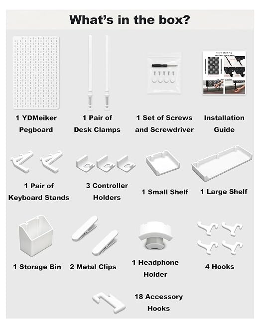 Clamp-On Desk Pegboard Organizer, 14 Accessories, White | 14 Peg Board Accessories, Controller Holders, Keyboard Stand, Headphones Holder, Cable Storage for gaming setups, home office - Image 8