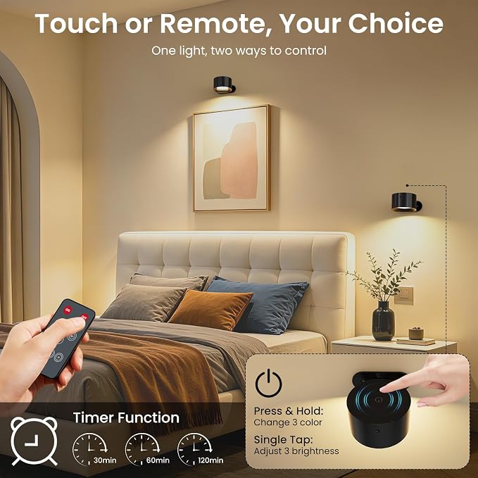 Koopala 3PACK Rechargeable LED Wall Sconce, Cordless Battery with Remote Powered Wall Sconce, 3 Brightness Levels, 360° Swivel Magnetic Shade for Bedrooms, Hallways, Den and Reading Spaces（Black） - Image 4