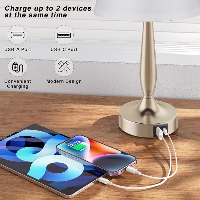 Kakanuo Touch Table Lamp for Bedroom, Small Bedside Lamp with USB C Charging Port, 3 Way Dimmable Touch Control Nightstand Lamp for Living Room, White Shade and Champagne Gold Base - Image 4