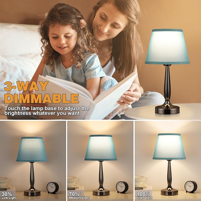 Touch Bedside Lamp for Bedroom with USB C Port, Small Touch Table Lamp with 2 USB Charging Ports, 3 Way Dimmable Nightstand Lamp for Living Room and Office - Turquoise Blue (LED Bulb Included) - Image 3