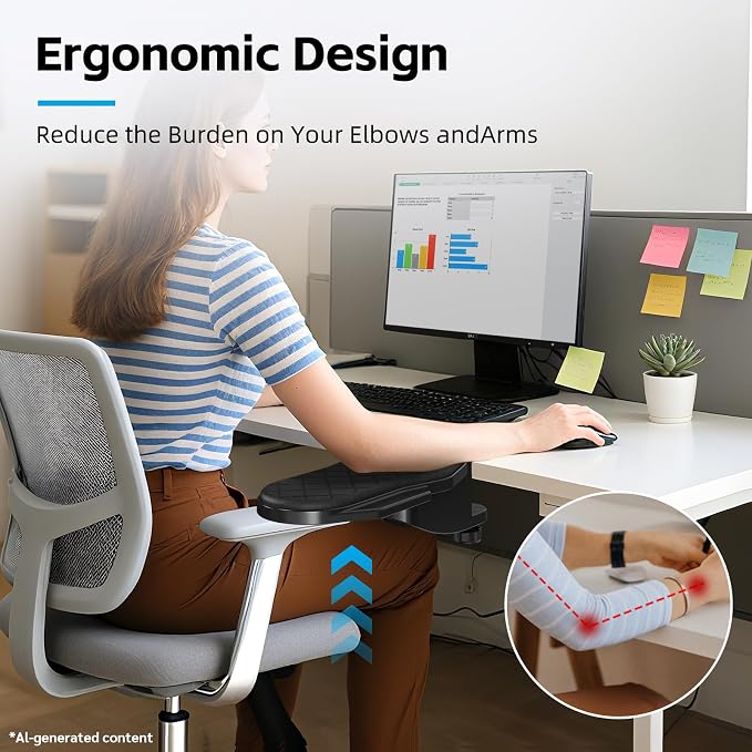 CABTE Ergonomics Desk Extender Tray, Table Mount Arm Wrist Rest Shelf | 180° Swivel Elbow Arm Support, Computer Desk Extender Tray for Home and Office (Black - Rotating) - Image 7