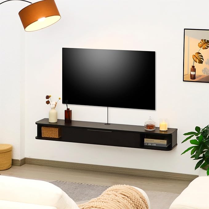 Floating TV Stand, 55" Wall Mounted TV Cabinet, Wood Media Console for TVs up to 65", Entertainment Center with Storage for Living Room, Under TVs Shelf for DVD Player, Black - Image 5