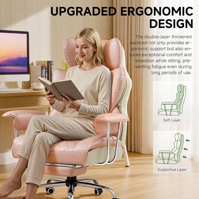 COMHOMA Big and Tall Office Chair, High Back Leather Gaming Chair with Footrest, Executive Ergonomic Office Chairs with Pocket Spring Lumbar Support and with Outward Fixed Soft Armrests - Image 5