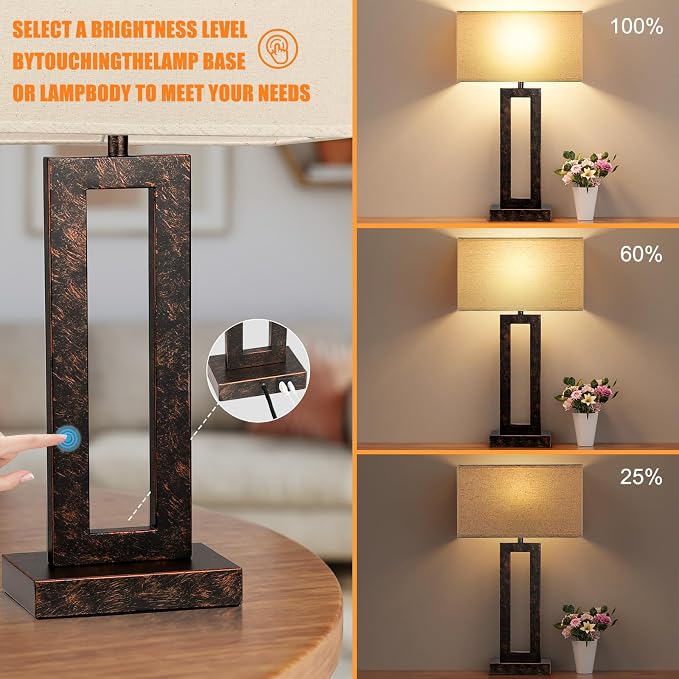 Seealle 22" Tall Living Room Lamps for Night Stands - Touch Bedside Lamp with USB C+A, 3 Way Dimmable Bedroom Lamps for End Tables Set of 2, Modern Night Stand Lamp for Bed Side(Beige&Brown) - Image 3