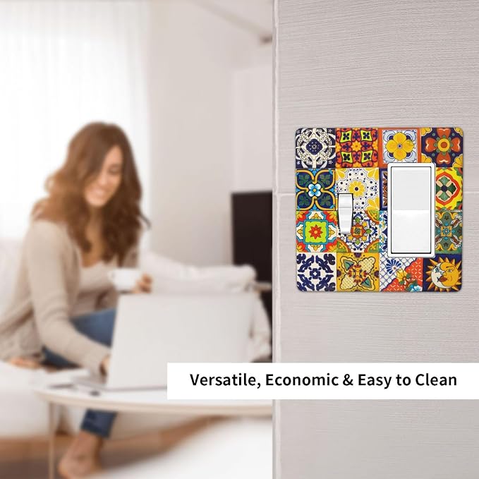 Decorative Outlet Covers Vintage Traditional Colorful Mexican Talavera Tiles Style 2-Gang Combo Light Switch Cover Plate Single Toggle/Rocker Wall Plate Plug Switch Plate Covers Bedroom Decor - Image 6