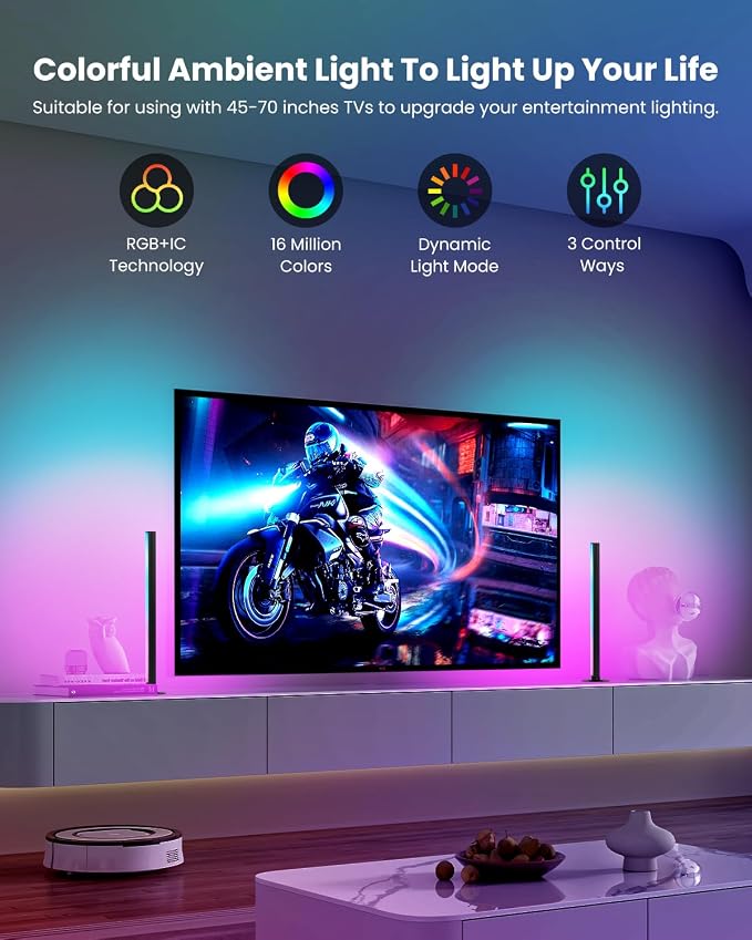 Smart RGB+IC LED Light Bars, 15 Inch Portable TV Backlight, Gaming Ambient Lighting, Color Changing Mood Light, APP Control, Voice Control, 44 Scene Mode, 16 Million Color, Music Sync, For TV, Monitor - Image 2