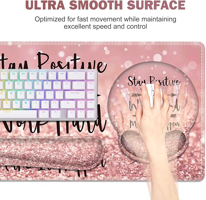 ToLuLu Desk Mat, XXL Large Mouse Pad Wrist Support Set，4 in1 Gaming Mousepad Desk Pad+ Ergonomic Mouse Pad with Wrist Rest + Keyboard Wrist Rest+Coaster for Women Home Office Table, Pink Stay Positive - Image 2