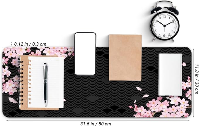 Gaming Mouse Pad with Anti-Slip Rubber Base, Extended Large Computer Mouse Mat with Stitched Edges, Long XL Anime Mousepad for Laptop and Keyboard, 31.5 x 11.8 inch (Black Cherry Blssom) - Image 2