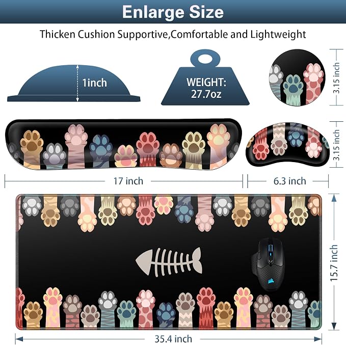 Canjoy Desk Mat with Wrist Rest, Anime Cat Paws Keyboard and Mouse Pad - Image 6