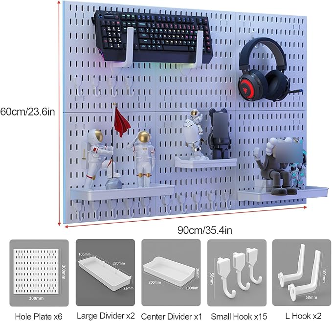 Gaming Pinboard, Desk Wall Organizer,Modular Wall Shelving For Gaming Rooms,White Plastic Desk Mounting Board,No-Drill Storage Rack For Gaming Rooms,Kitchens(35.4x23.6in) - Image 8