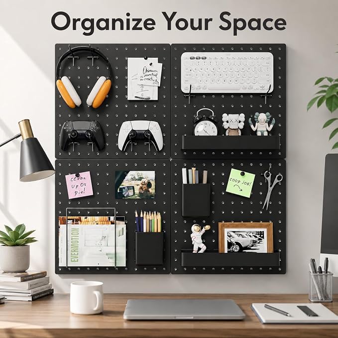 FZK 28-Packs Peg Board Organizer Accessories Kit, Black | Includes ABS bins, shelves, book racks, and pegboard hooks, fits standard pegboards, ideal for home, office and gaming room - Image 5