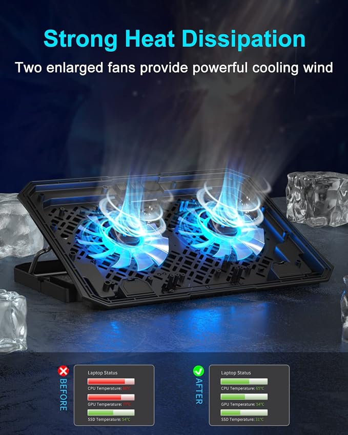 KeiBn Laptop Cooling Pad, Gaming Laptop Cooler 2 Fans for 10-15.6 Inch Laptops, 5 Height Stands, 2 USB Ports (S039) - Image 2