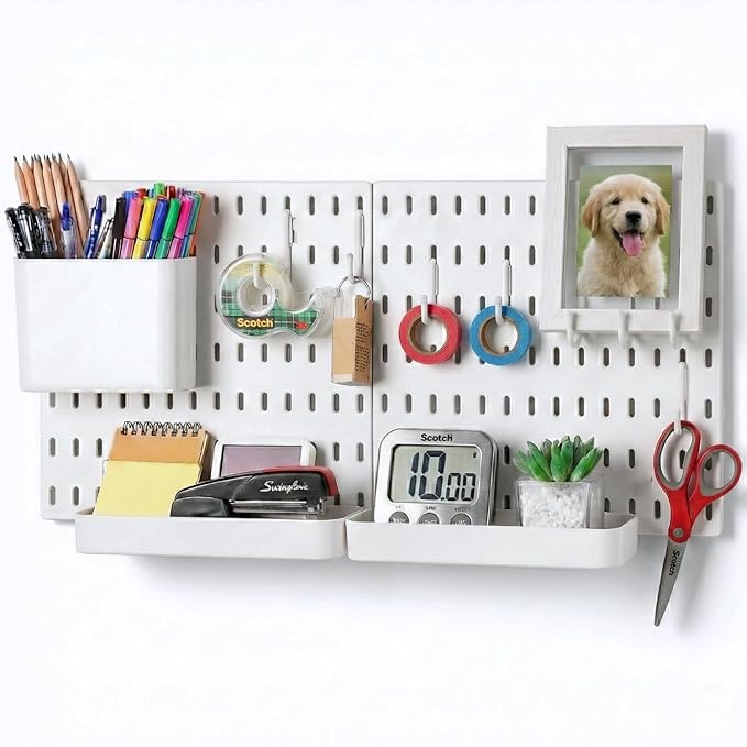 Keepo Peg Board Wall Organizer – Plastic Pegboard Panels, Modular Peg Board Storage System For Home Office, Craft Room, Gaming Setup (White, 22″×11″) by Keepo