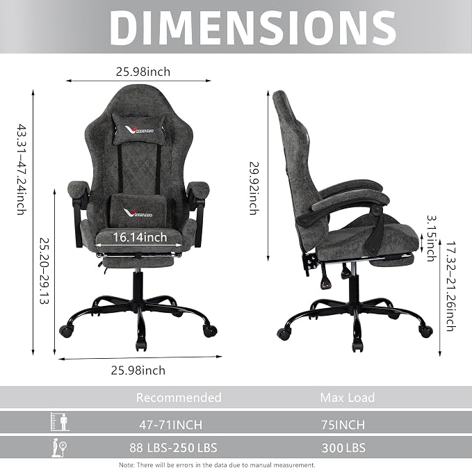 Fabric Gaming Chair for Adults, Ergonomic Computer Office Desk Chair with Footrest,Pocket Spring Cushion, Reclining High Back Silla Gamer for Home Office, Grey - Image 3