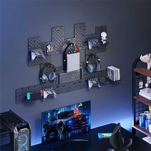 PEGZONE Controller and Headphone Holder Wall Mount, 14pcs, Black | Modular Gaming Pegboard with Accessories, Controller Stand, Disc Shelf Organizer - Image 8
