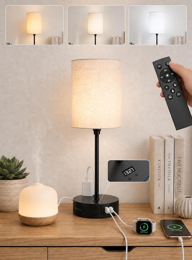 BySea Dimmable Desk Lamp with Clock, Remote, USB Ports, AC Outlet, Black by Unknown