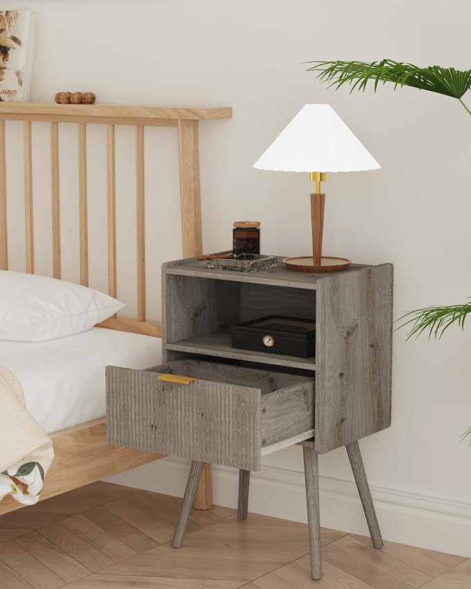 Veegle Nightstand,Modern Bedside Table with Storage Drawer and Open Wood Shelf, Accent Night Stand with Solid Wood Legs for Living Room, Bedroom and Small Spaces,Easy Assembly (Grey Oak) - Image 7