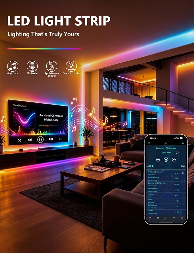 MFWW 100ft RGB+IC LED Strip Lights, LED Lights for Bedroom, Smart Control - Image 8