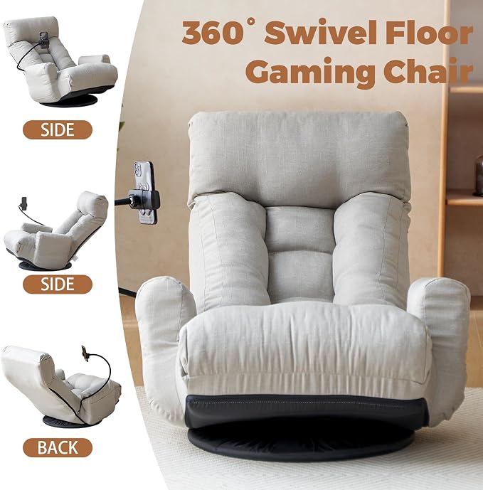 360° Swivel Floor Gaming Chair Linen Folding Lounge Sofa Chair with Adjustable Head and Waist, Armrests & Phone Holder, Padded Cushion Leisure Chairs for Living Room Bedroom (Grey) - Image 7