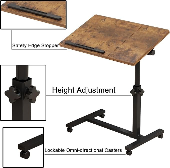 TigerDad Adjustable Overbed Table with Wheels, Rolling Laptop Bed Desk for Home Hospital Use, Height & Tilt Adjustable Mobile Table for Eating, Working, Reading in Bed or Sofa - Image 4