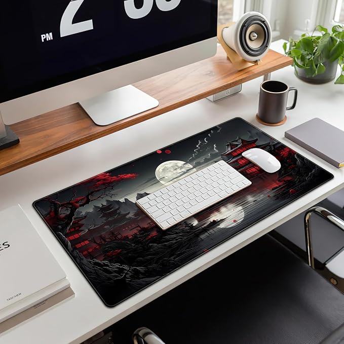 Japanese Desk Mat Riverside Full Moon Desk Pad Black Red Large Mouse Pad Gaming Mousepad Extended XXL Keyboard Pad 31.5 x 15.7 in Laptop Computer Mouse Keyboard Mat for Office Desk Decor - Image 4