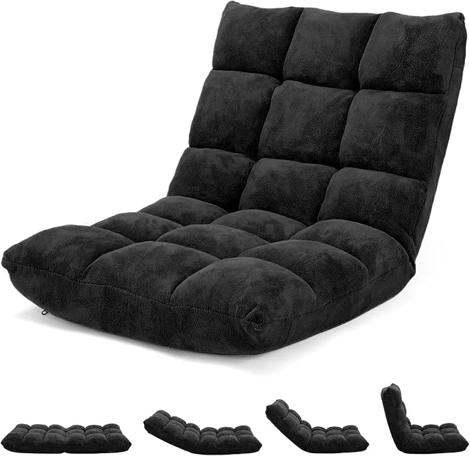 Folding Floor Chair with Back Support, Floor Seat, Lazy Sofa Chair | 14 Adjustable Position, Soft Coral Fleece, Thick Foam, Steel Frame Gaming Chair for Adults, Meditation, Living Room (Black) by BUYNOW