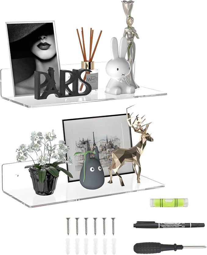Sezanrpt 15 Inches Acrylic Wall Shelves 2 Pack, Floating Shelf for Wall Mounting, Acrylic Display Ledges for Funko Pop Figures, Home Décor, Living Room, Gaming Room, Plants(15 inch, Clear) by Sezanrpt