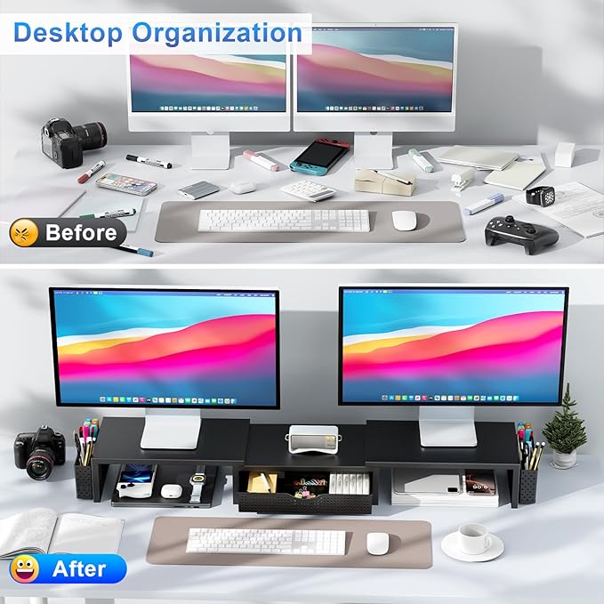 gianotter Dual Monitor Stand Riser With Drawer and 2 Pen Holders | Desk Organizer and Accessories Computer Monitor Stand, Desk Shelf for Top of Desk (Black) - Image 2