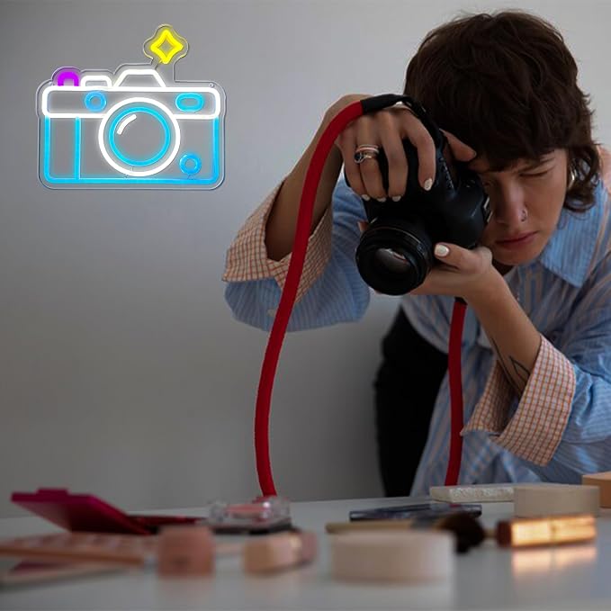 Camera Neon Sign Dimmable LED Light Up Wall Decor Multi-Color Retro Photography Studio Art Vintage Vlogger Background Accessory for Bedroom, Gaming Room, Store Photographer Gifts(13.3 * 12.2in) - Image 3