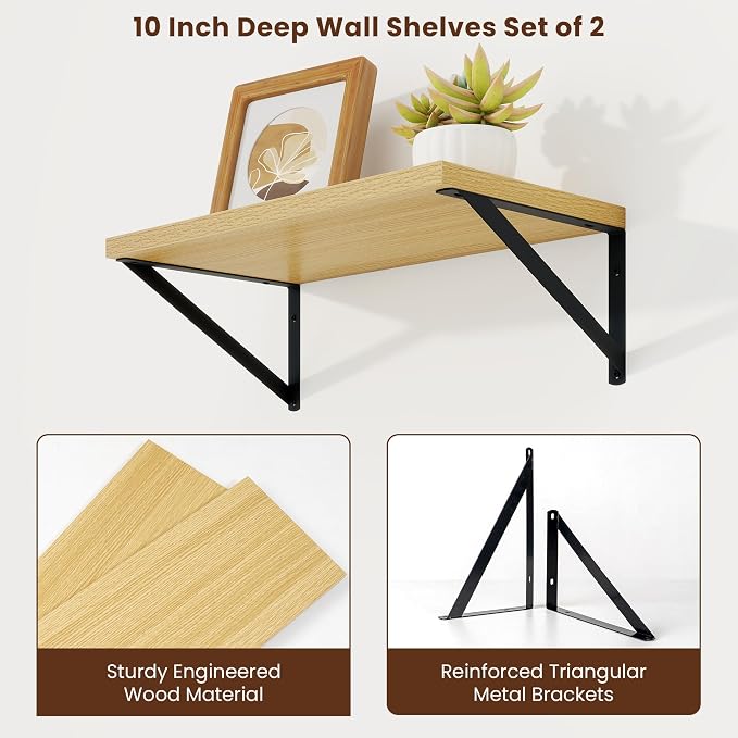 Axeman Deep Floating Shelves, 18'' x 10'' Oak Wall Shelves Set of 2 - Image 5