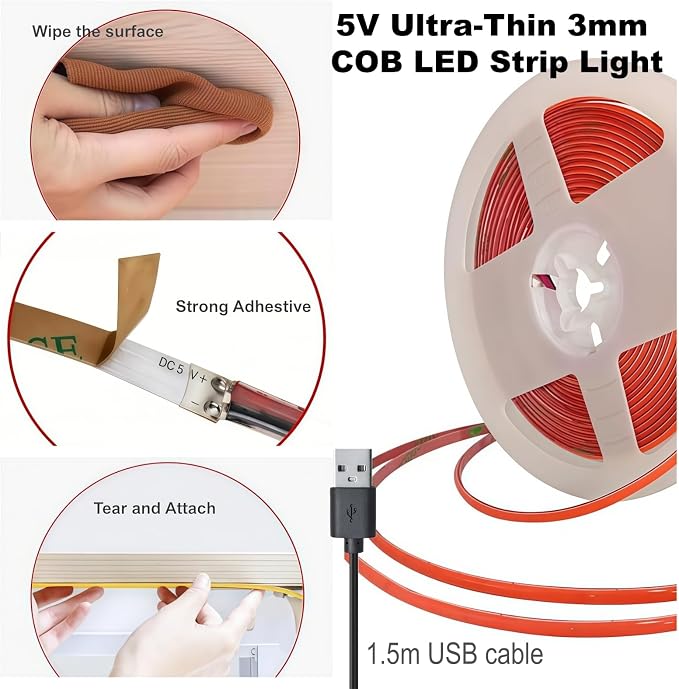 Ultra-Narrow 3mm USB-C COB LED Strip Lights Self-Adhesive, for Kitchen Cabinets, Bedroom, Gaming Desk (Red, 5ft) - Image 2
