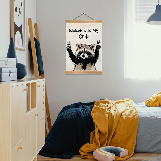 ZTGDA Welcome to My Crib Wall Art,Funny Raccoon Poster Durable Man Cave Wall Decor,Raccoon Canvas Hanging Sign for Entryway, Dorm Room, Nursery or Bedroom Decor (My crib raccoon) - Image 4