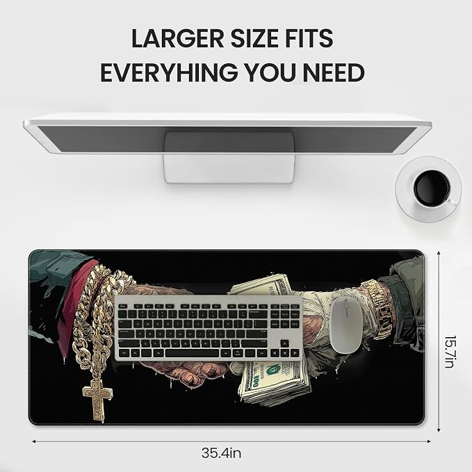 Extended Gaming Mousepad with Cross and Dollar Bill Designs, 35.4 x 15.7 inches, Featuring a Non-Slip Base and Waterproof Surface, Suitable for Home Office and Work environments. - Image 6