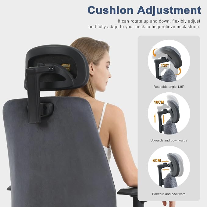 Symino Office Chair Ergonomic with 109° Rocking Function, Breathable Suede Fabric, Integrated Lumbar Support, Adjustable Headrest & Armrests, Swivel Desk Chair - Image 8