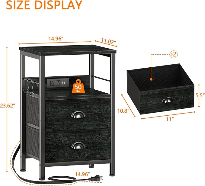 Nightstand with Charging Station for Bedroom, 2 Fabric Drawers, Black Oak - Image 3