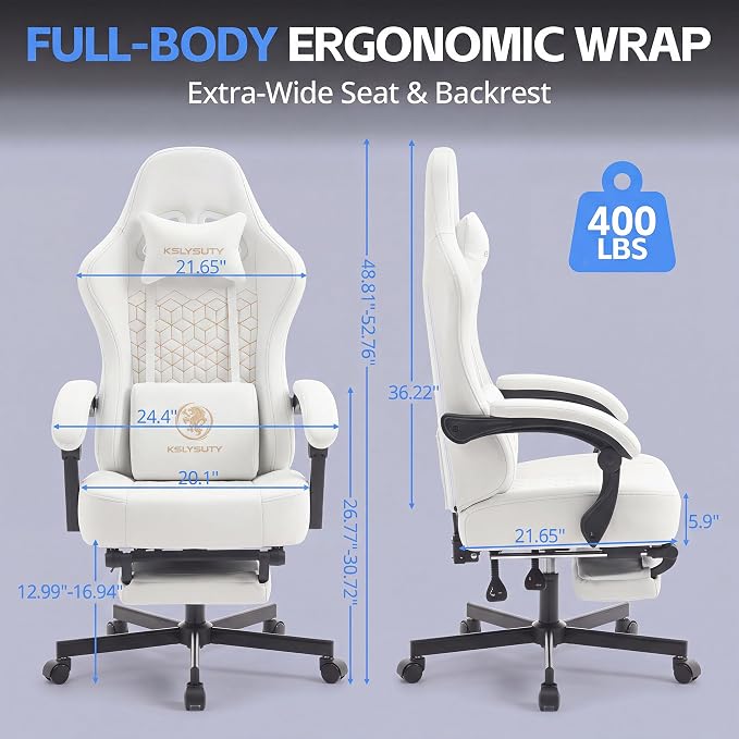 Desk Computer Gaming Chair - Ergonomic Game Office Chair with Extended Footrest and Massage Lumbar Support, Home Gamer Video Game Chairs with Spring Cushion for Adults (Pro White Leather) - Image 2