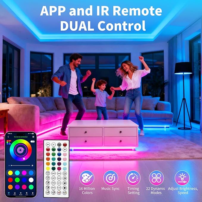 LED Strip Lights,RGB Music Sync Color Changing Led Lights with Smart App Control Remote & Remote Control for Room, Part Essential,Sense of Atmosphere Decoration(50FT-2 Rolls of 25ft) - Image 5