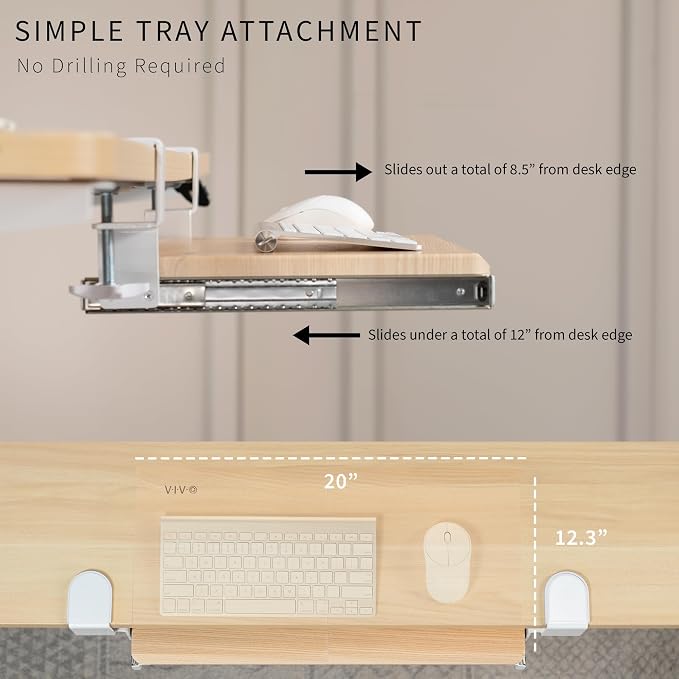 VIVO Small Clamp-on Computer Keyboard and Mouse Under Desk Slider Tray, 20 x 11 inch Pull Out Platform Drawer, Light Wood, MOUNT-KB05ES-A - Image 5