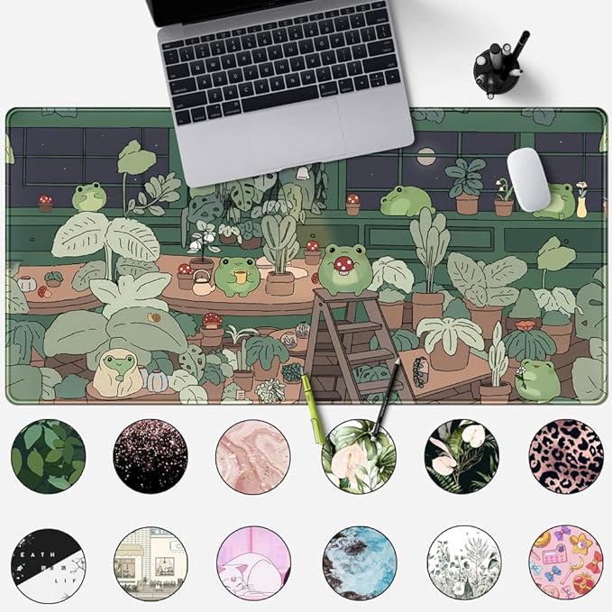 Cute Frog Mouse Pad Desk Pad Kawaii Green Desk Frog Decor Large Mouse Pad | Large Gaming Mouse Pad for Desk Computer Keyboard Laptop, Home Office Accessories for Girl (31.5x15.7 in)-with Stitched Eges - Image 2
